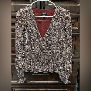 Express Women's Brown and Gold blouse V neck ruffled cuffed sleeves MEDIUM